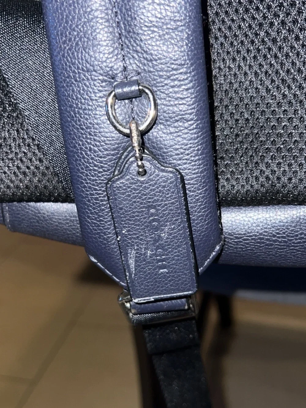 Coach Black Leather Backpack with Blue Center Stripe